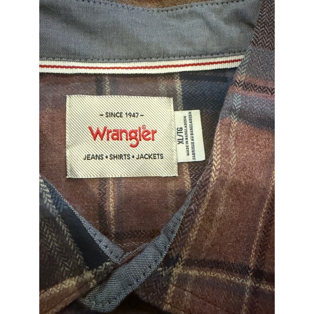 Wrangler Mens XL Plaid Flannel Shirt Brown Blue Button Front NWT - Picture 3 of 6